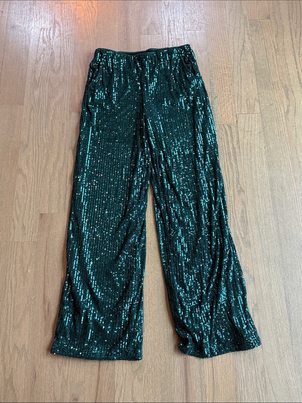 Boston Proper Green Sequin Wide-Leg Pants